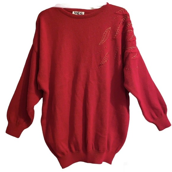 Vintage YES Tunic Sweater Red Size Small 80s Embroidered Oversized Crewn… - Picture 1 of 8